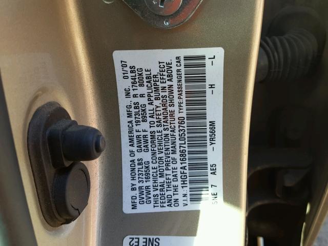 1HGFA16867L053760 - 2007 HONDA CIVIC EX TAN photo 10