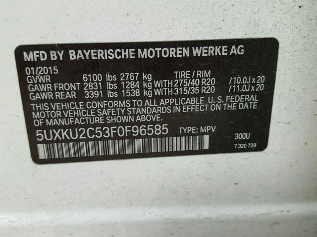 5UXKU2C53F0F96585 - 2015 BMW X6 XDRIVE3 WHITE photo 10