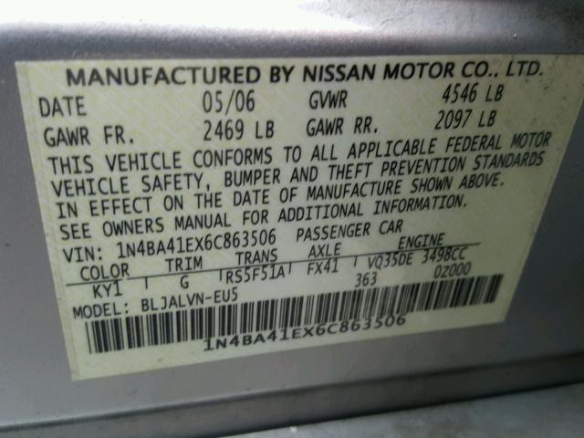 1N4BA41EX6C863506 - 2006 NISSAN MAXIMA SE SILVER photo 10