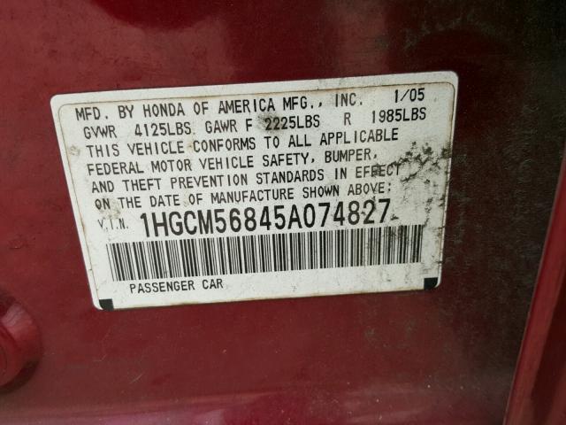 1HGCM56845A074827 - 2005 HONDA ACCORD EX BURGUNDY photo 10