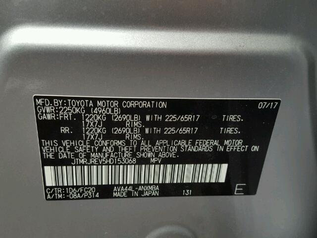 JTMRJREV5HD153068 - 2017 TOYOTA RAV4 HV LE SILVER photo 10