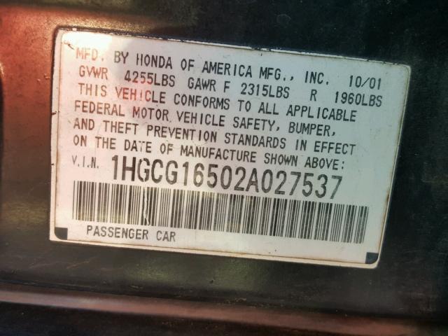 1HGCG16502A027537 - 2002 HONDA ACCORD EX BLACK photo 10