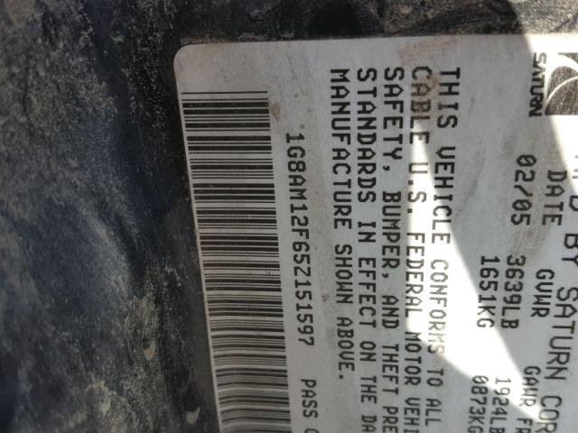 1G8AM12F65Z151597 - 2005 SATURN ION LEVEL GRAY photo 10