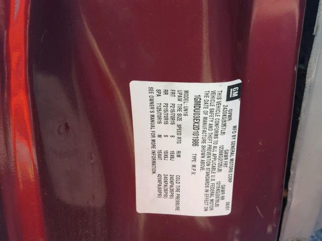 1GMDU03EX2D101986 - 2002 PONTIAC MONTANA MAROON photo 10