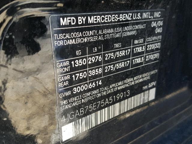 4JGAB75E75A519913 - 2005 MERCEDES-BENZ ML 500 BLACK photo 10