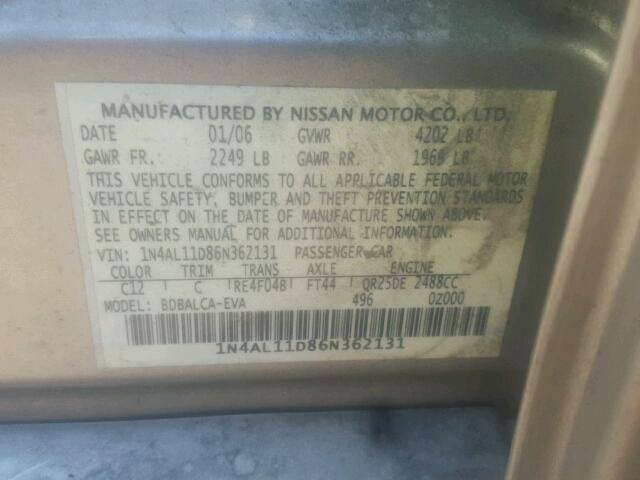 1N4AL11D86N362131 - 2006 NISSAN ALTIMA S TAN photo 10