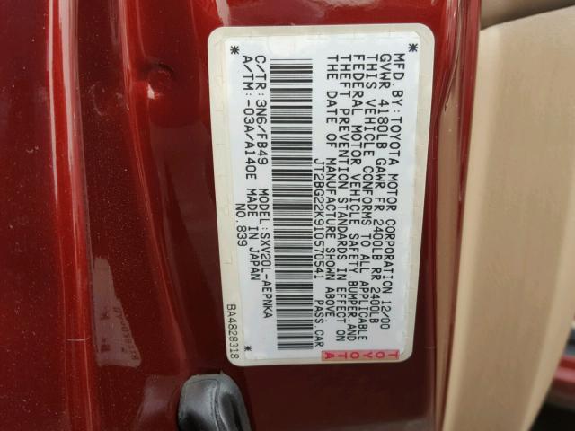 JT2BG22K910570541 - 2001 TOYOTA CAMRY CE MAROON photo 10