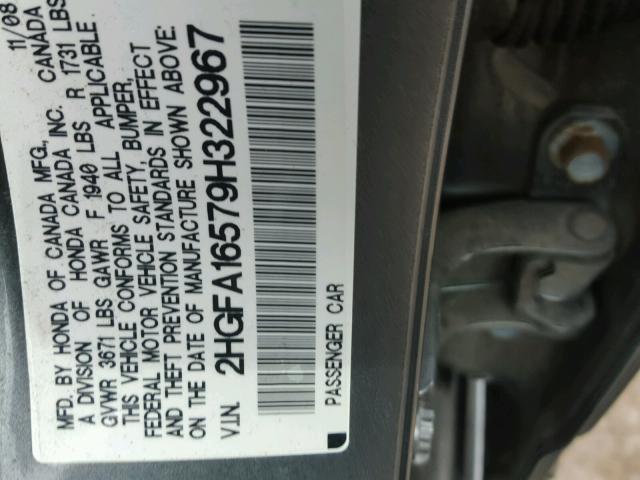 2HGFA16579H322967 - 2009 HONDA CIVIC LX GRAY photo 10