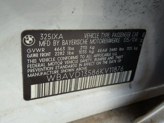 WBAVD13586KV11876 - 2006 BMW 325 XI WHITE photo 10