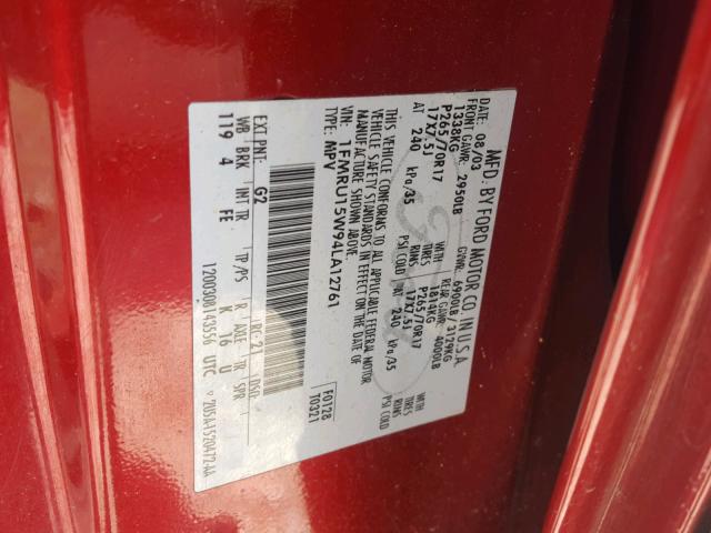 1FMRU15W94LA12761 - 2004 FORD EXPEDITION RED photo 10