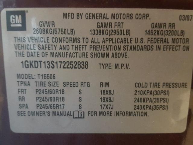 1GKDT13S172252838 - 2007 GMC ENVOY MAROON photo 10