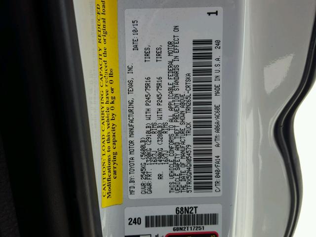 5TFRX5GN4GX054579 - 2016 TOYOTA TACOMA ACC WHITE photo 10