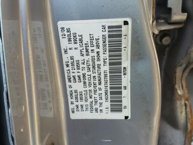 1HGCM56167A079971 - 2007 HONDA ACCORD VAL SILVER photo 10