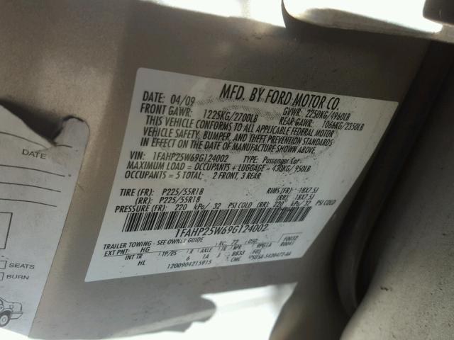 1FAHP25W69G124002 - 2009 FORD TAURUS LIM GRAY photo 10