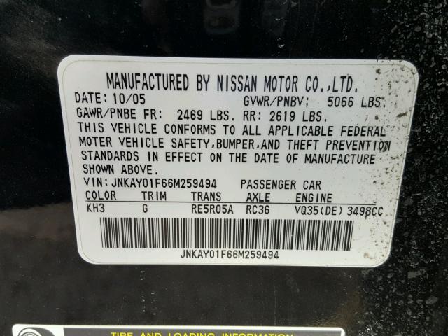 JNKAY01F66M259494 - 2006 INFINITI M35 BASE BLACK photo 10