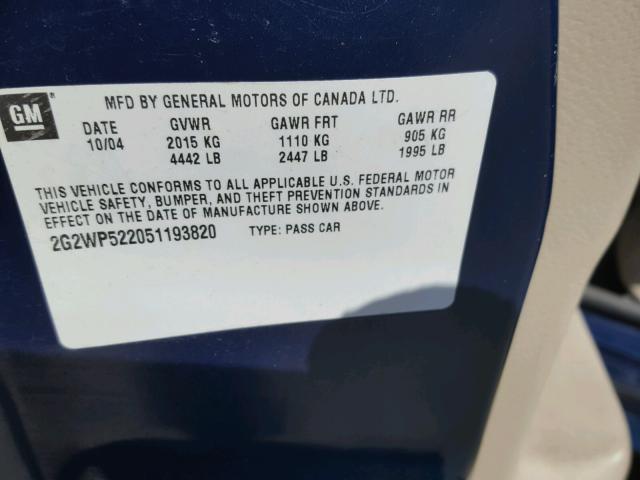 2G2WP522051193820 - 2005 PONTIAC GRAND PRIX GREEN photo 10