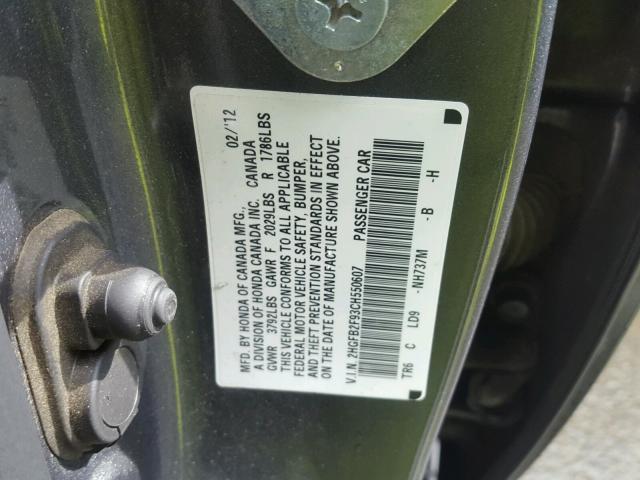 2HGFB2F93CH550607 - 2012 HONDA CIVIC EXL GRAY photo 10