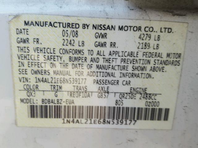 1N4AL21E68N539177 - 2008 NISSAN ALTIMA 2.5 WHITE photo 10