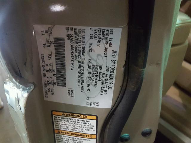 5LMEU88HX5ZJ19334 - 2005 LINCOLN AVIATOR 金色 照片 10