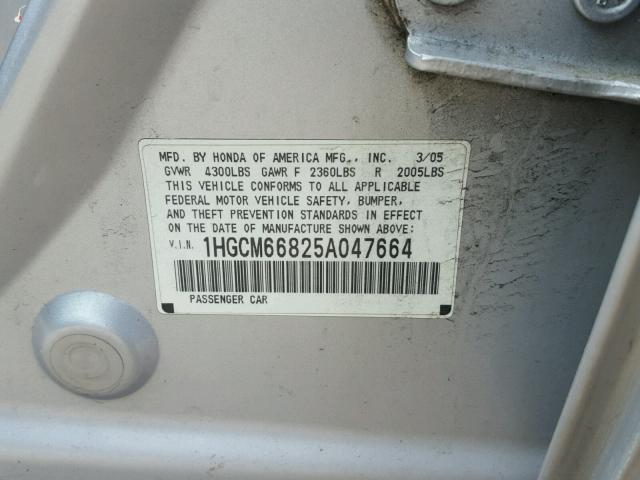 1HGCM66825A047664 - 2005 HONDA ACCORD EX SILVER photo 10