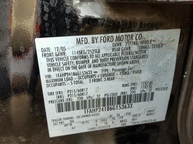 1FAHP24186G153633 - 2006 FORD FIVE HUNDR BLACK photo 10