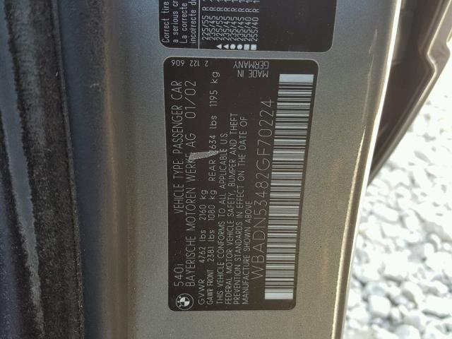 WBADN53482GF70224 - 2002 BMW 540 I GRAY photo 10