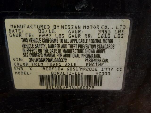 3N1AB6AP9AL680372 - 2010 NISSAN SENTRA 2.0 BLACK photo 10