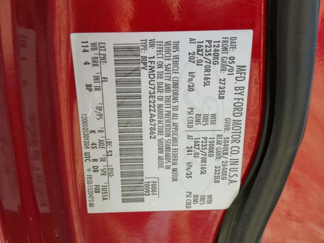 1FMDU73E22ZA67862 - 2002 FORD EXPLORER X RED photo 10