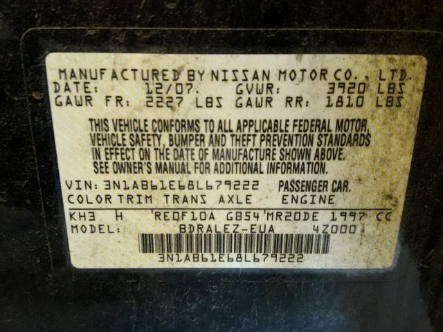 3N1AB61E68L679222 - 2008 NISSAN SENTRA 2.0 BLACK photo 10