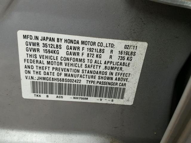 JHMGE8H56BS002422 - 2011 HONDA FIT SPORT SILVER photo 10