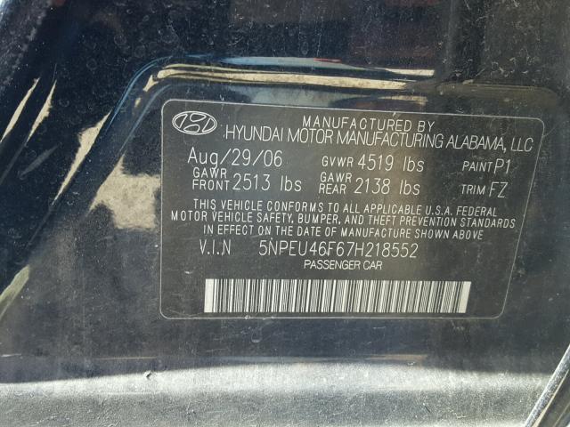 5NPEU46F67H218552 - 2007 HYUNDAI SONATA BLUE photo 10