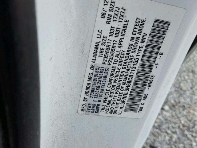 5FNRL5H68CB113155 - 2012 HONDA ODYSSEY EX WHITE photo 10