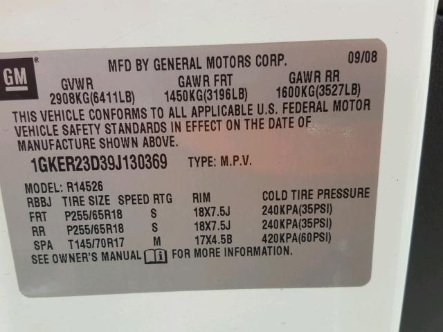 1GKER23D39J130369 - 2009 GMC ACADIA SLT თეთრი ფოტო 10