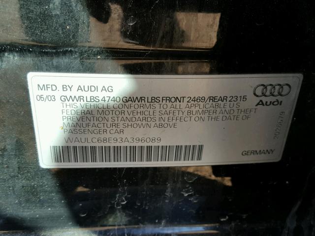 WAULC68E93A396089 - 2003 AUDI A4 1.8T QU BLACK photo 10