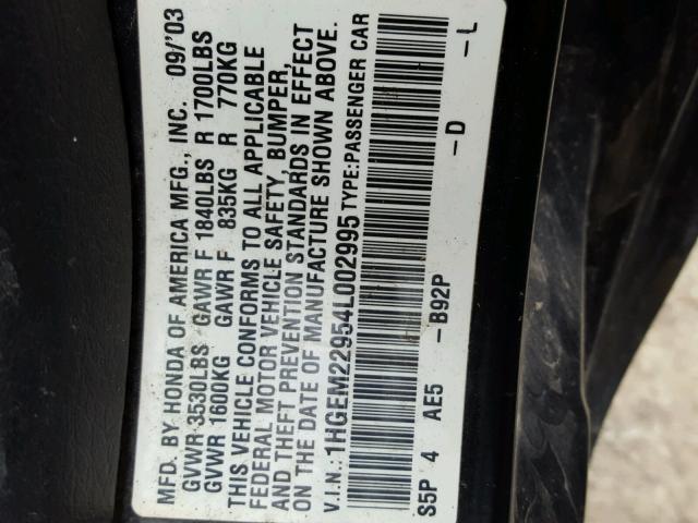 1HGEM22954L002995 - 2004 HONDA CIVIC EX შავი ფოტო 10