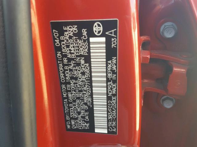 JTDBT923771155824 - 2007 TOYOTA YARIS RED photo 10