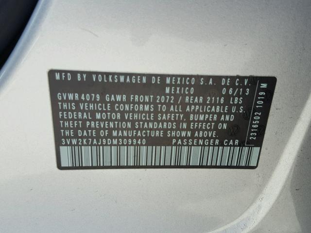 3VW2K7AJ9DM309940 - 2013 VOLKSWAGEN JETTA BASE ვერცხლისფერი ფოტო 10