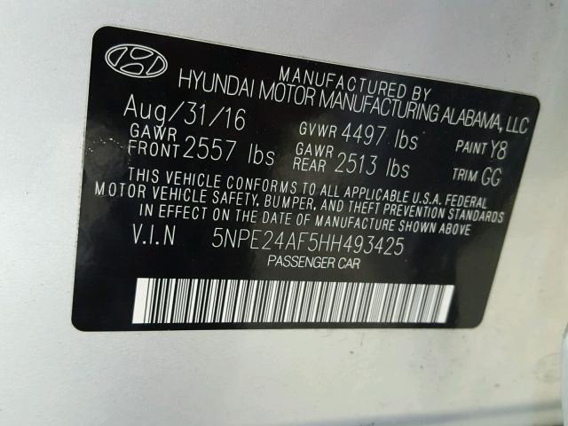 5NPE24AF5HH493425 - 2017 HYUNDAI SONATA SE SILVER photo 10