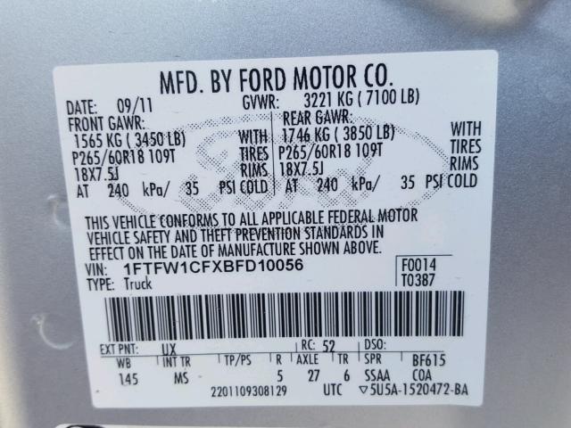 1FTFW1CFXBFD10056 - 2011 FORD F150 SUPER SILVER photo 10