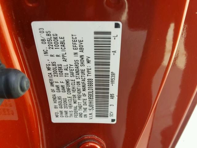 5J6YH18583L016669 - 2003 HONDA ELEMENT EX ORANGE photo 10