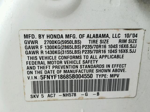 5FNYF18685B004550 - 2005 HONDA PILOT EXL WHITE photo 10