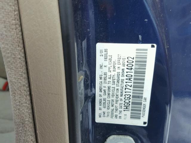 1HGCG31721A014002 - 2001 HONDA ACCORD EX BLUE photo 10