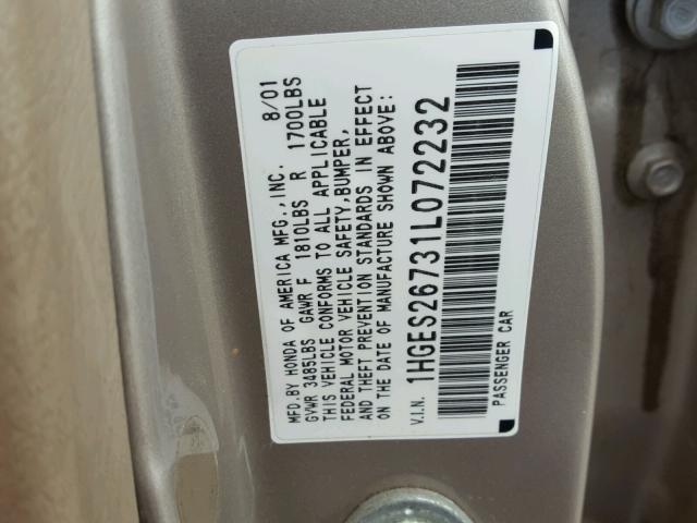 1HGES26731L072232 - 2001 HONDA CIVIC EX Qızıl foto 10