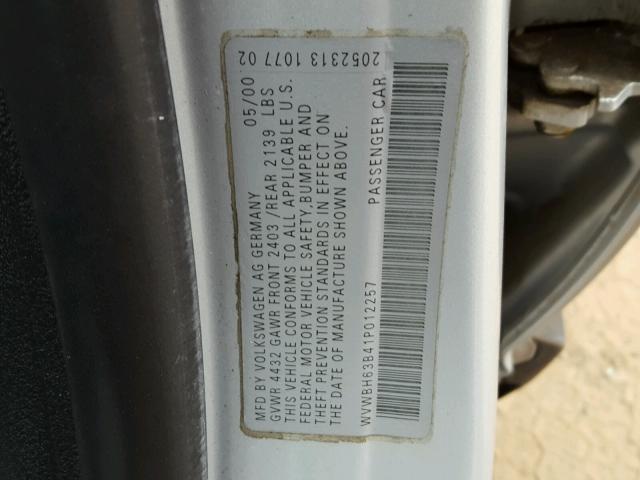 WVWBH63B41P012257 - 2001 VOLKSWAGEN PASSAT GLX 银色 照片 10