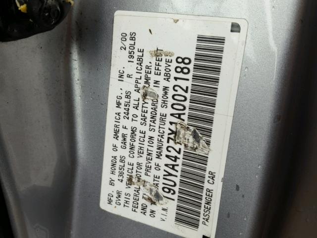 19UYA427X1A002188 - 2001 ACURA 3.2CL TYPE SILVER photo 10