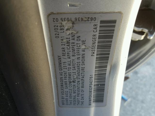 WVWPD63B32P342751 - 2002 VOLKSWAGEN PASSAT GLS SILVER photo 10