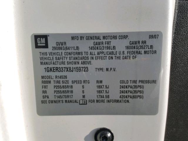 1GKER337X8J159723 - 2008 GMC ACADIA SLT თეთრი ფოტო 10