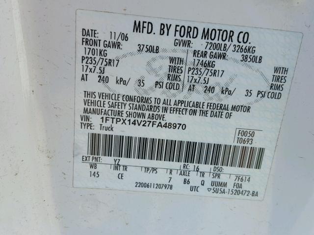 1FTPX14V27FA48970 - 2007 FORD F150 WHITE photo 10