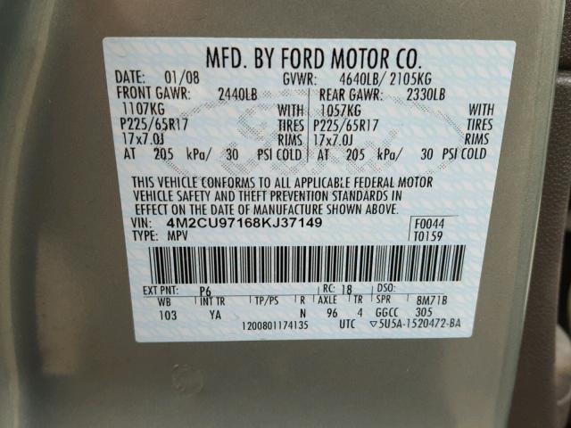 4M2CU97168KJ37149 - 2008 MERCURY MARINER PR GREEN photo 10