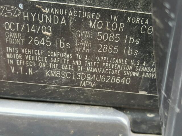 KM8SC13D94U628640 - 2004 HYUNDAI SANTA FE G BLACK photo 10